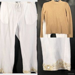 City Girl Nancy Bolen Women Crinkle White Cropped Pant Set S Metallic Gold Top